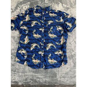 Eddie Bauer Mens 2XL Classic Fit Short Sleeve Blue Shirt With Fish Print